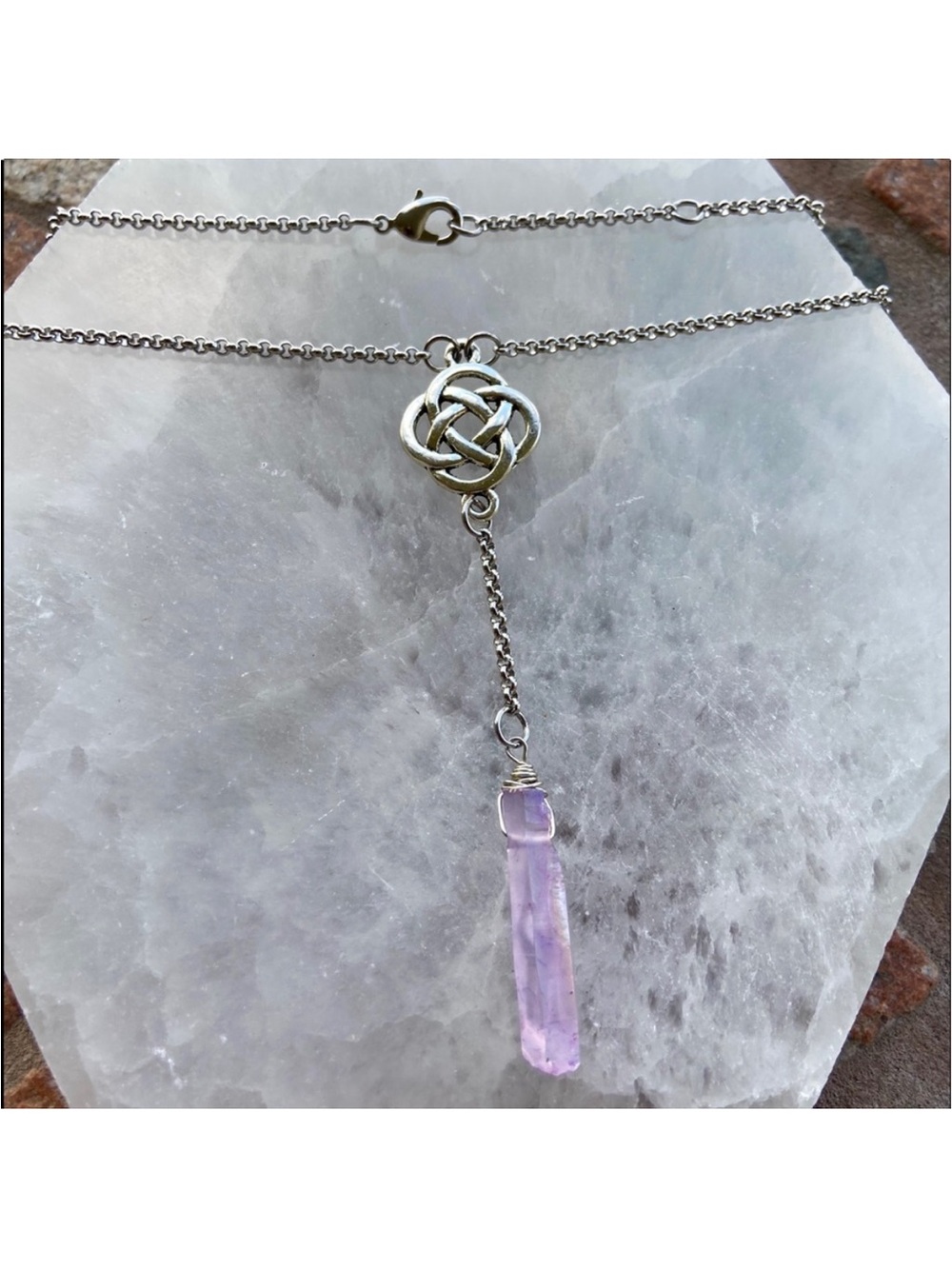 Lariat Y necklace celtic knot purple aura crystal